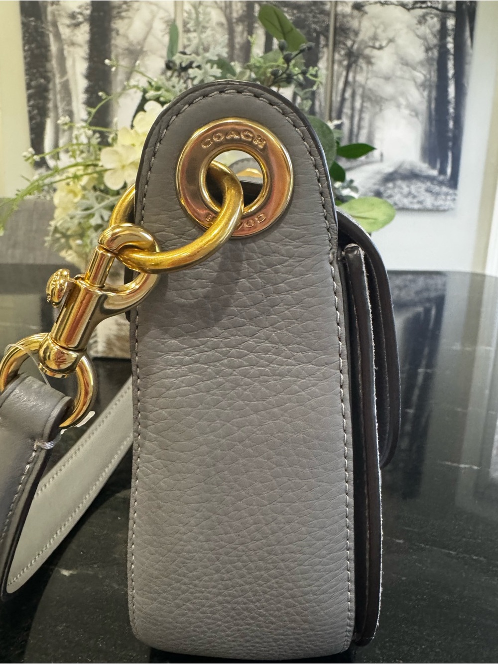 🩶COACH Gray Pebbled Leather & Suede Mini Saddle Bag with Gold Hardware - Picture 12 of 13